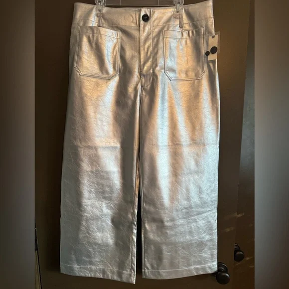 NWT Maeve by Anthropologie Colette Silver Cropped Wide-Leg Metallic Pants - Picture 4 of 13